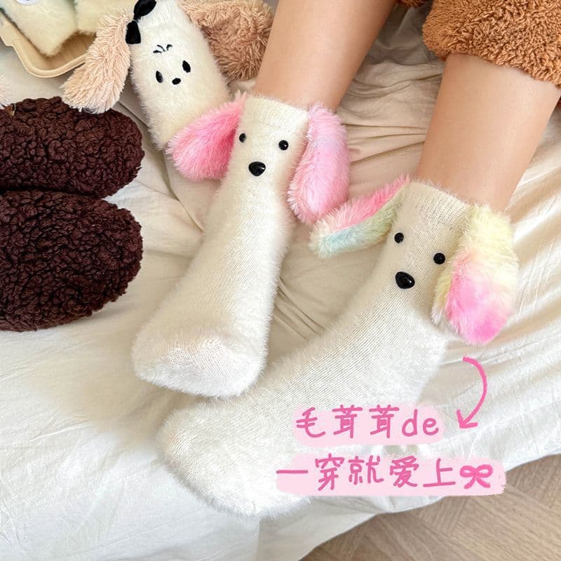 New winter mink fleece couple socks, extra thick and fleece-lined, cute cartoon contrast, big ears, soft and adorable puppy socks.