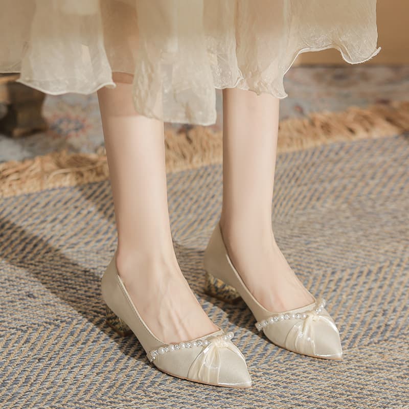 YB-A16 Large Size High Heels for Women, Chunky Heel, Wide Fit, Pearl, Banquet Low Heel, Bridesmaid Pointed Toe Shoes, Small Size