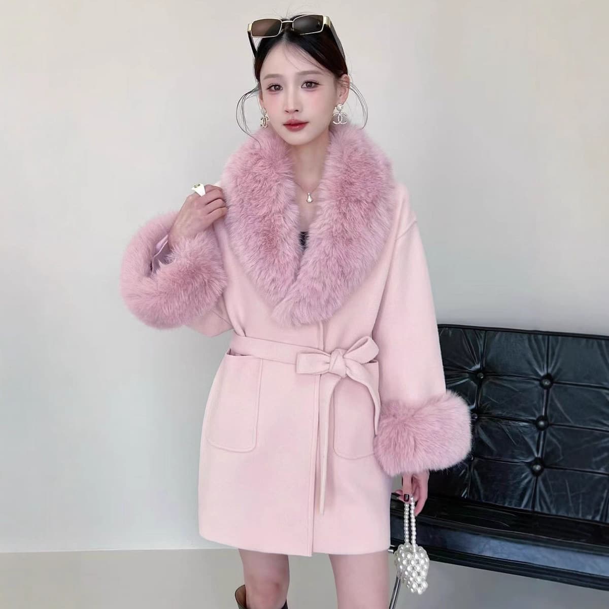 Women's Mid-Length 2026 Autumn/Winter New Style Faux Fox Fur Collar Slim-Fit Knit Faux Double-Faced Wool Waist-Tied Coat Thick