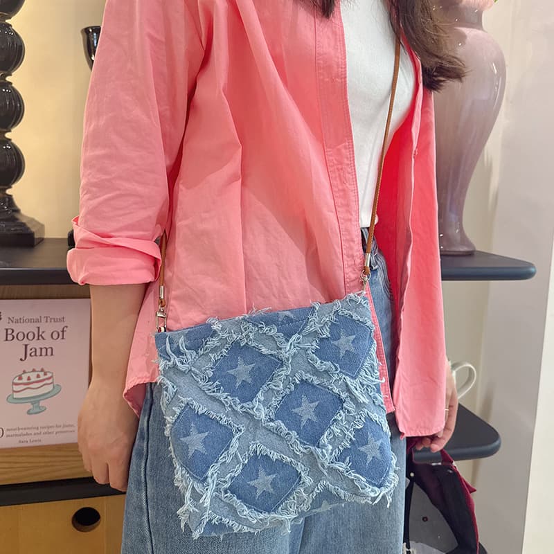 Cross-border Denim Star Fringed Crossbody Bag for Women, Niche Design Student Casual Versatile Large Capacity Canvas Shoulder Bag
