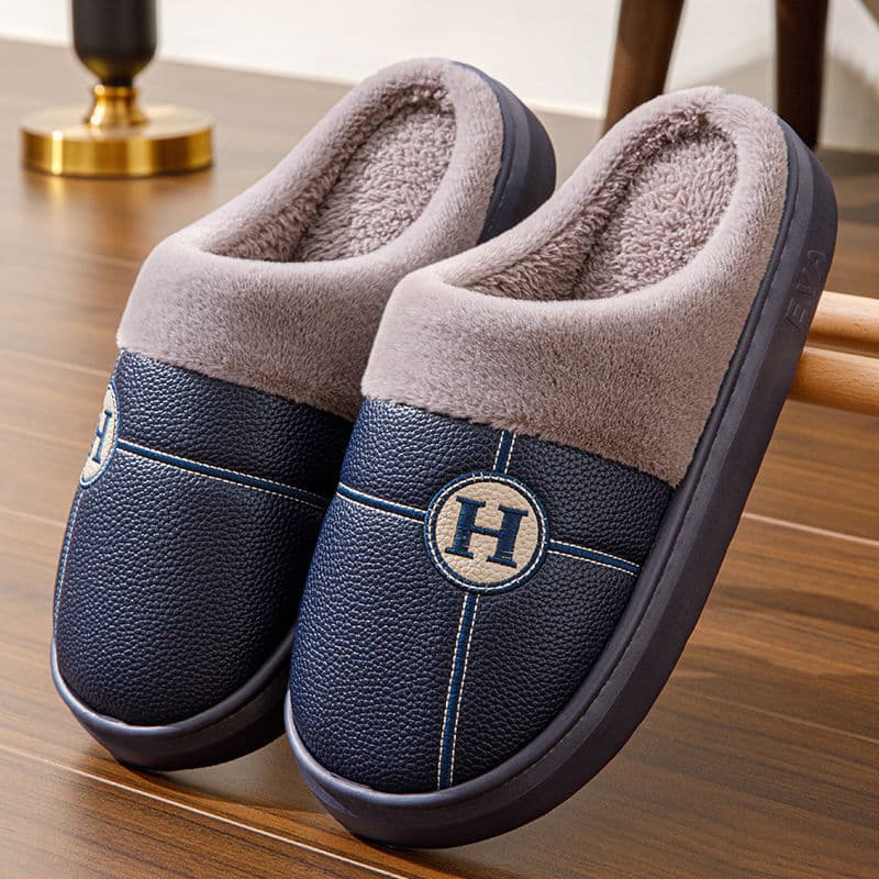 Autumn Winter Indoor and Outdoor Women's PU Leather Waterproof Anti-slip Plush Thick Sole Large Size Step-in Comfort Men's Cotton Slippers