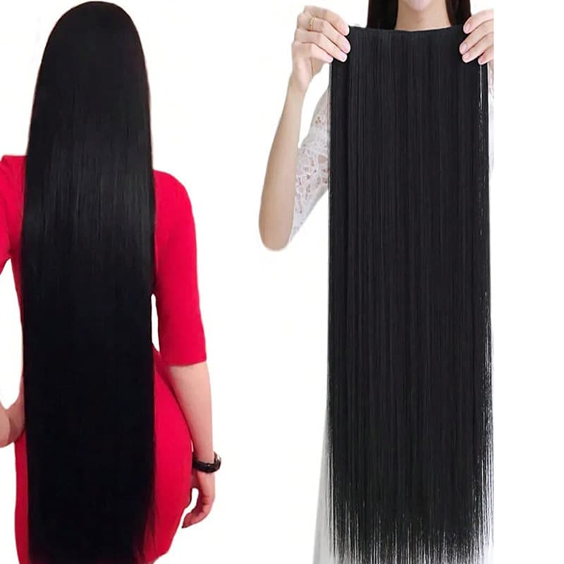 One-Piece 85cm Long Hair Extension, Invisible Seamless Clip-In, Voluminous Wig Piece for Women, Black Long Straight