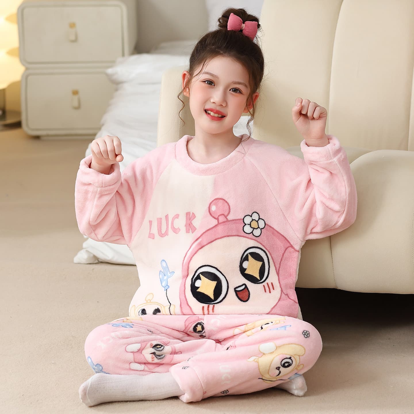 New Autumn/Winter Girls' Coral Fleece Pajamas Cute Cartoon Print Thick Warm Kids Sleepwear Dropshipping