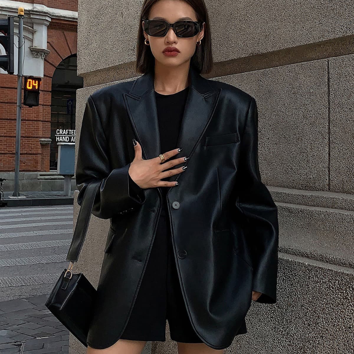 Ousph Black Pu Leather Suit Jacket for Women 2024 Spring, Autumn and Winter New High-Quality Texture Loose Small Suit Jacket