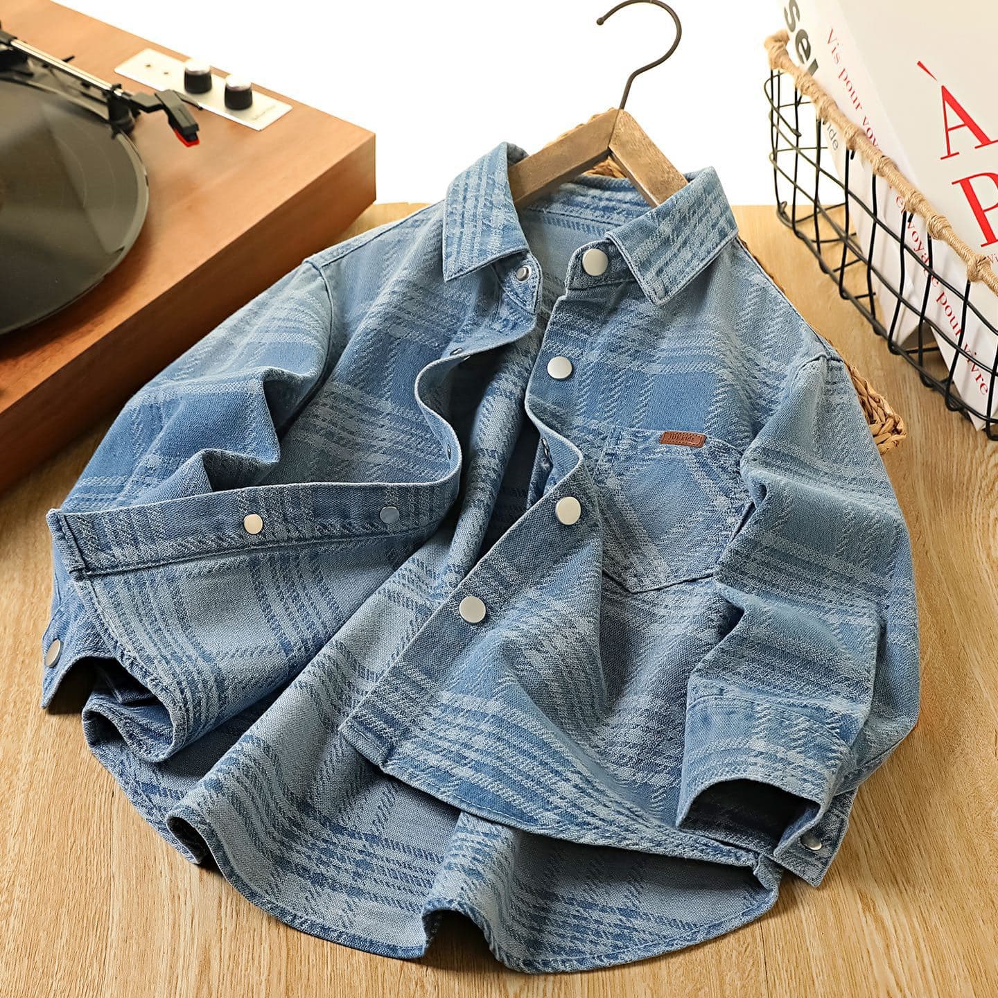 2026 Spring Thick Denim Shirt, New Spring Children's Korean Style Versatile Jacquard Denim Blouse