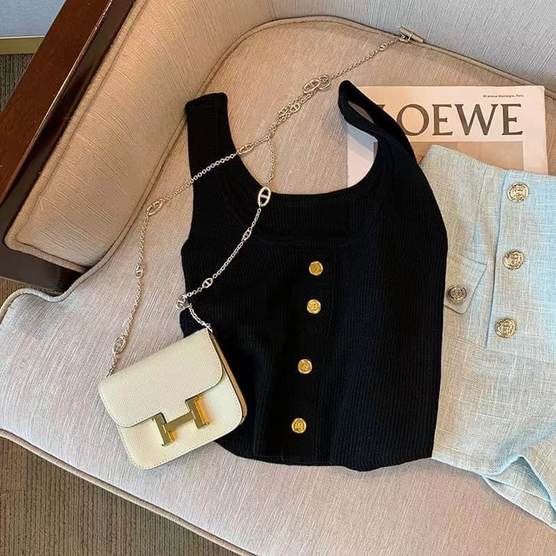 Girls' Summer New Gold Button Knit Camisole Vest, Korean Style Round Neck Sleeveless Fashion Short Knit Vest Trendy