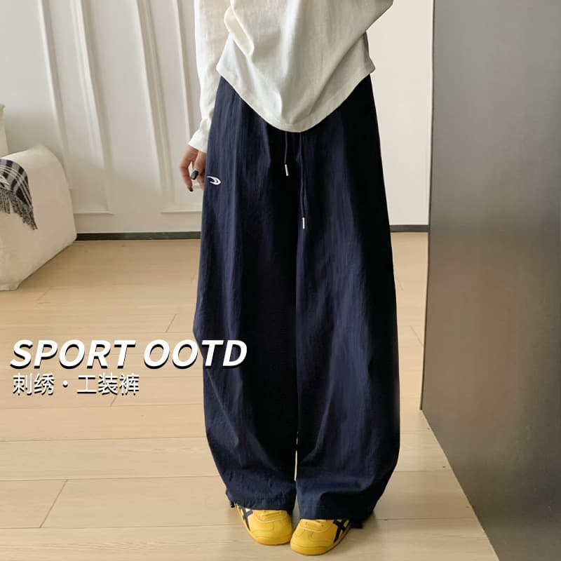 Navy blue embroidered trousers for women spring and summer 6 new small loose wide-leg American quick-drying pants