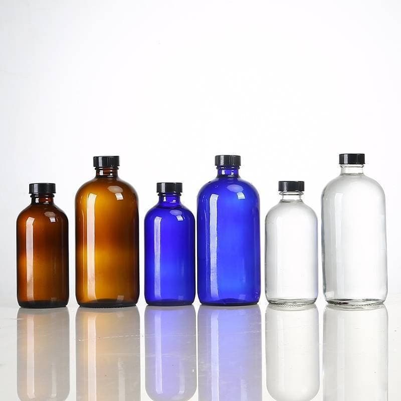 Boston glass bottle with lid, light-proof spray bottle, lotion shampoo, transparent blue essential oil bottle, chemical reagent bottle