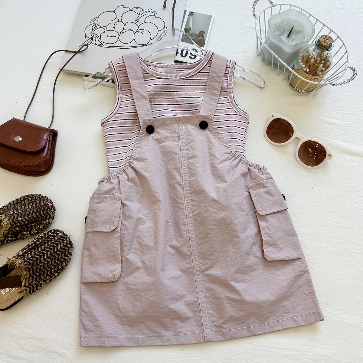2026 Summer Girls Overalls Dress Set New Children's Fashionable Versatile Overalls Dress with Inner Top Set