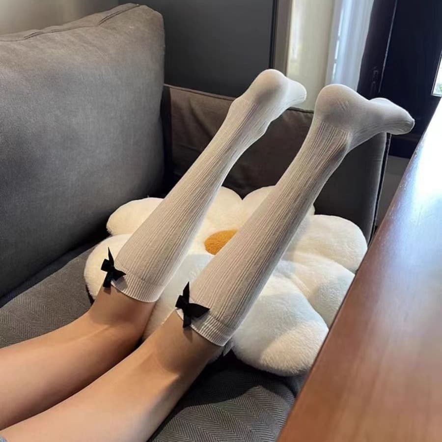 Black White Breathable Butterfly Knot Ankle Socks Women's Knee High JK Style Sweet Thinming Cute over Knee Socks
