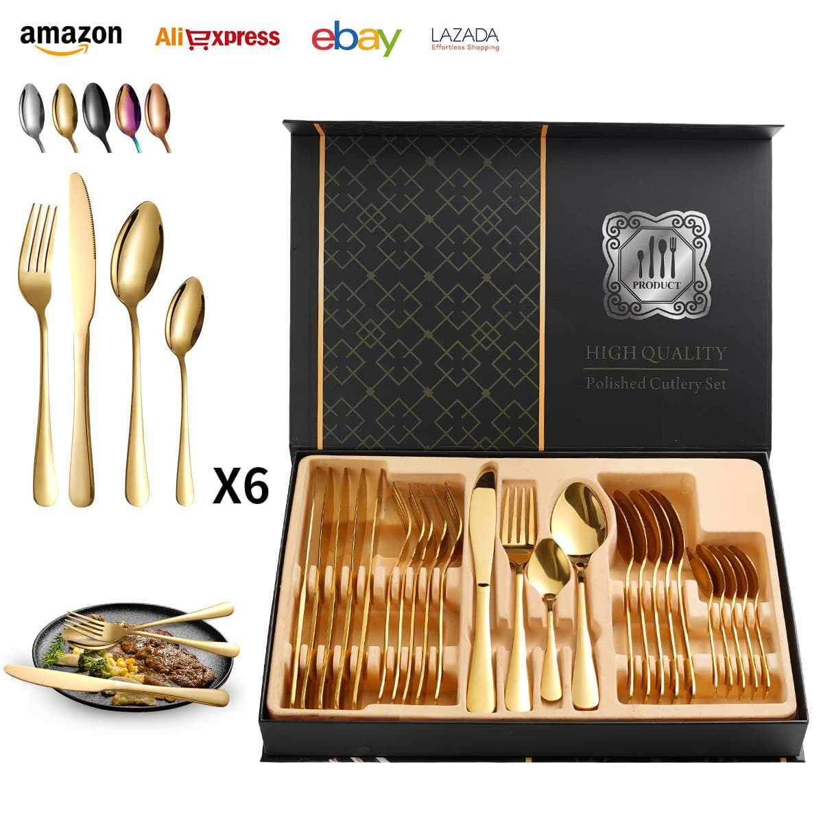 Cross-border 1010 stainless steel tableware suit western food knife fork spoon dessert spoon 24-piece gift box Amazon explosions