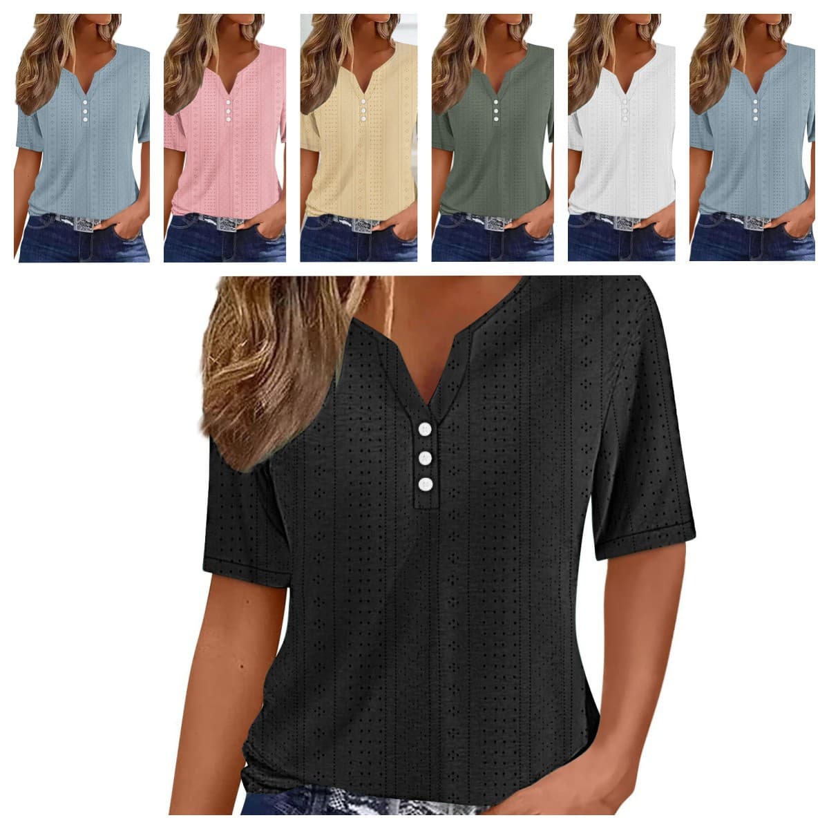 Cross-Border European and American Style Summer Tops Holiday Style Fashion Casual Loose V Neck Jacquard Cut Out Short-Sleeved T-Shirt