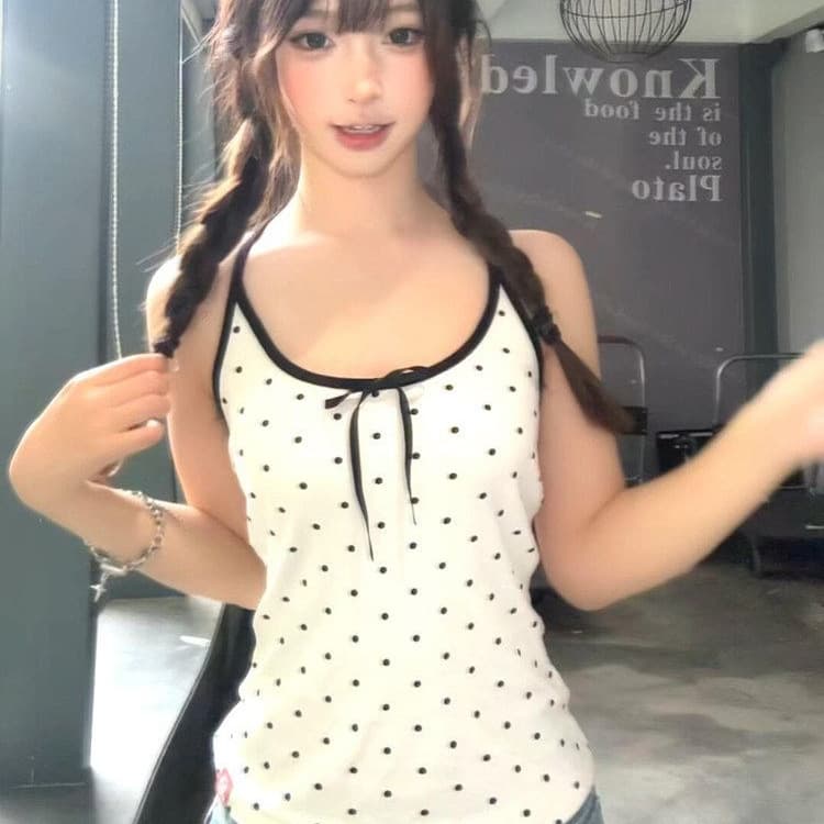 Summer Korean retro polka dot all-over printed bow sleeveless vest for women with slimming design and versatile temperament top