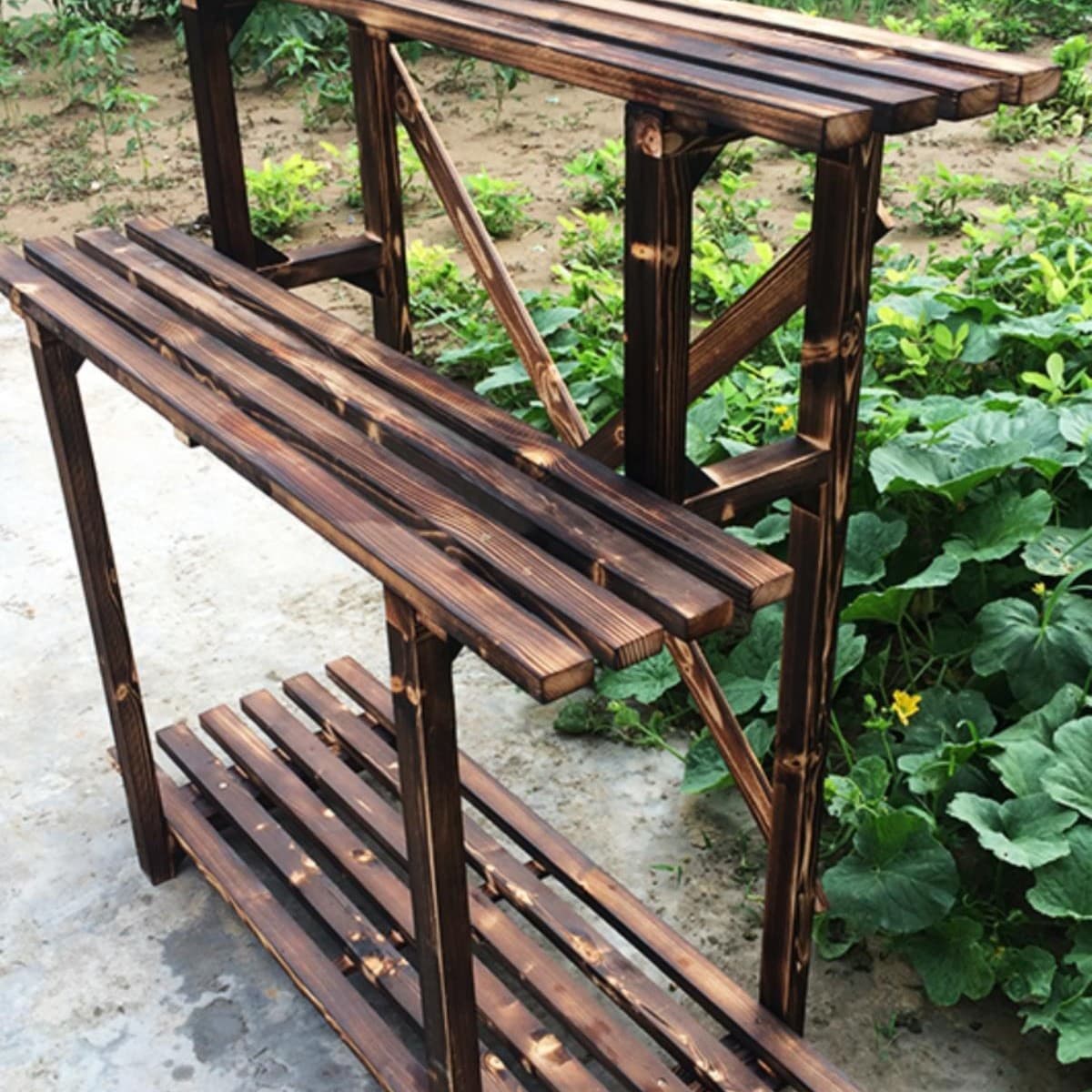 Carbonized solid wood flower stand, anti-corrosion wood multi-layer outdoor storage rack, living room floor-standing succulent and pothos plant stand