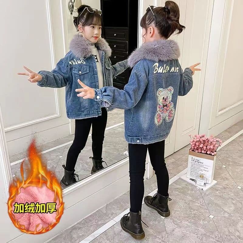 Girls' denim fleece-lined jacket, autumn/winter style, 2025 new arrival, fashionable, Korean style, children's winter clothing for medium and large girls.