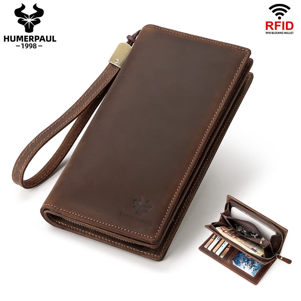 Hummer Paul Large-Capacity First-Layer Cowhide Wallet Men's Drawstring Phone Bag Long Genuine Leather Men's RFID Clutch Bag