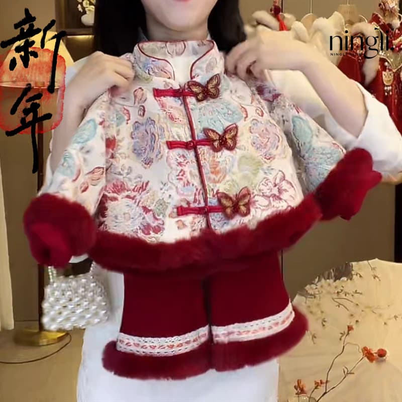 [In Stock Immediate Shipment] Girls Set Winter Wear Children Chinese Style New Year Hanfu Baby First Birthday Dress New Year Clothes