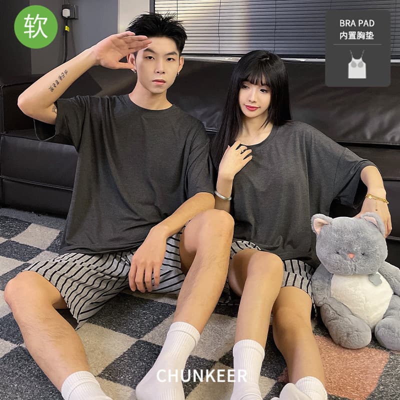 Modal Couples Sleepwear Set Short Sleeve Home Clothes Comfortable Breathable Summer Fashion Striped Solid Color Men's Women's Pajamas