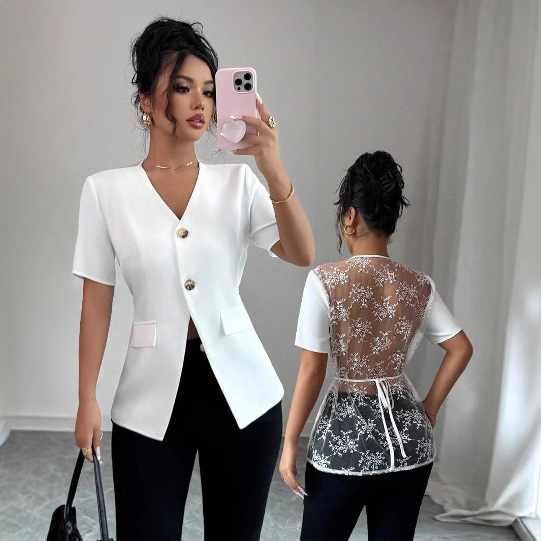 Elenzga Women's Elegant V-Neck Short Sleeve Lace Trim Fitted Jacket, Suitable for Outings and Dates