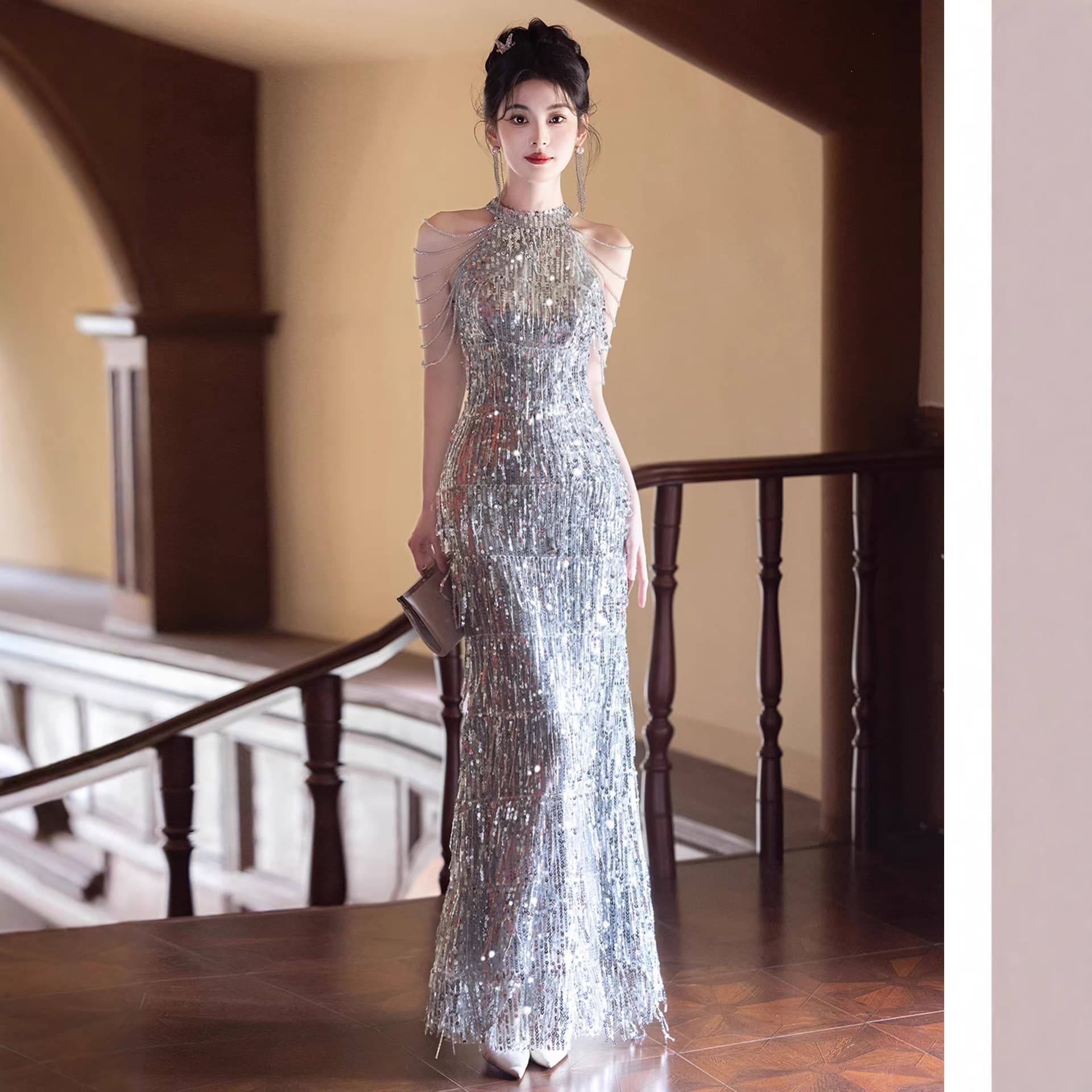 Silver Halter Sequin Evening Gown Women 2026 New Premium Socialite Banquet Fringe Hostess Long Dress