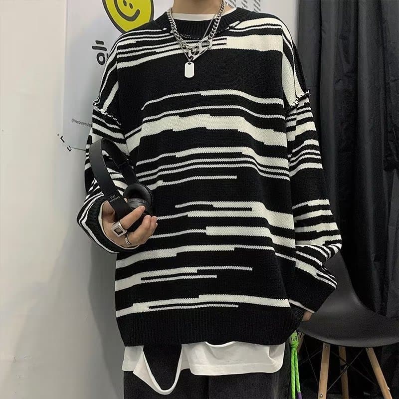 American high street sweater men's high-end striped sweater oversize lazy style round neck couple's coat winter