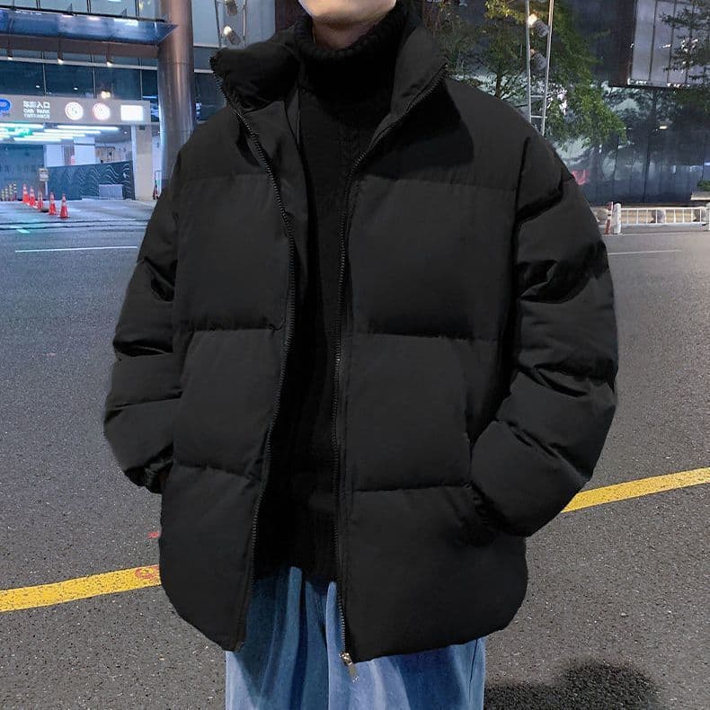 Men's winter thick cotton-padded coat, trendy loose stand-up collar, extra thick and warm puff jacket.