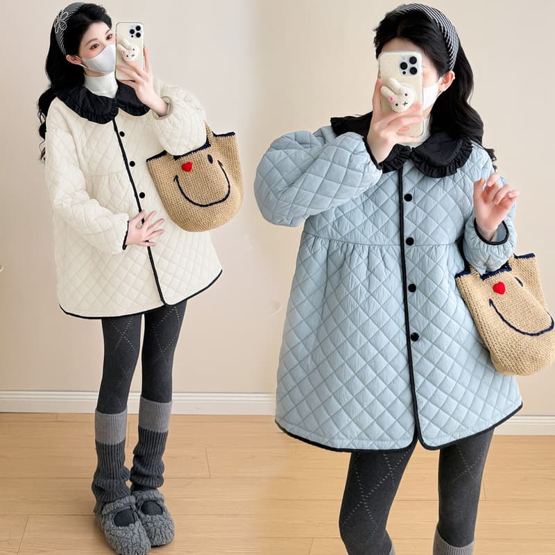 In stock maternity coat, new autumn/winter style, Korean fashion, versatile and stylish, diamond pattern maternity cotton coat/doll dress.