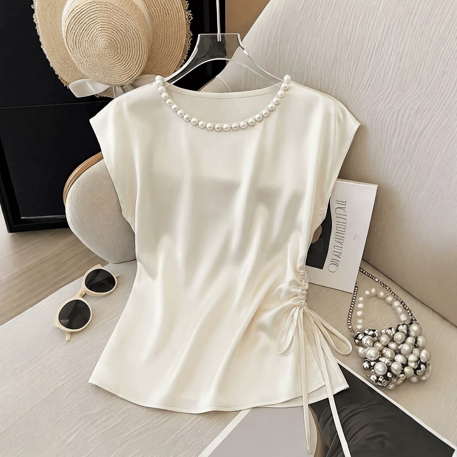 Loose fit pearl collar satin sleeveless top