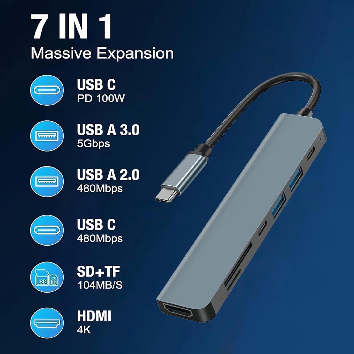 Type-C to HDMI 4K Adapter Dock USB 3.0 HUB Splitter USB-C Multi-Function 7-in-1 Expansion Dock
