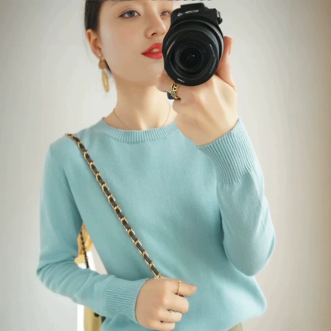 Women's Long-Sleeve Pullover Sweater, Cotton Round Neck Top, Anti-Pilling Knit Base Layer, Cross-Border Sweater