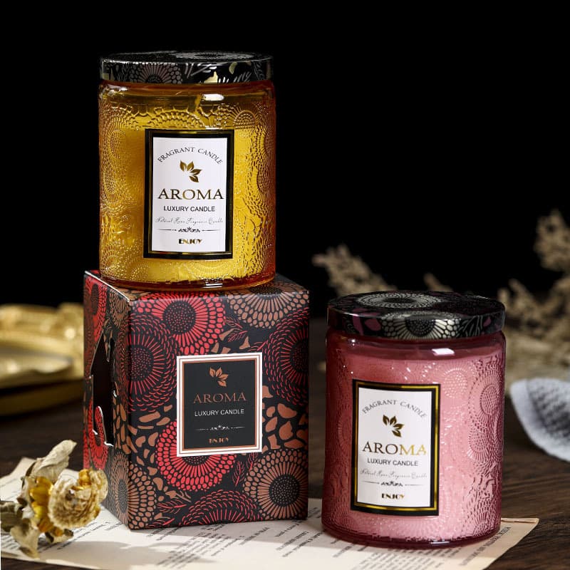 Aromatherapy candle embossed bottle ornaments iron lid gift box bedroom long-lasting fragrance soy wax high-end souvenir wholesale