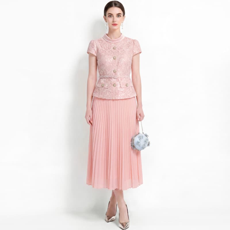 1527 Celebrity Xiaoxiangfeng Lace Dress Women's High Waist Pleated Long Skirt Elegant Slim Commuting Skirt with Belt