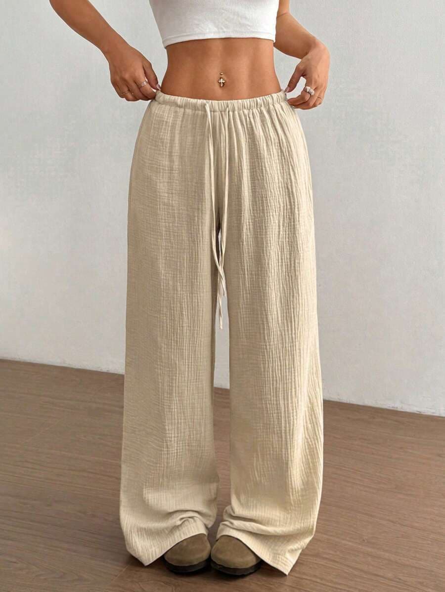 2025 European and American Cross-border High-Waist Wide-Leg Pants for Women Solid Color Elastic Waist Loose Casual Long Pants Comfortable Versatile Beach Pants