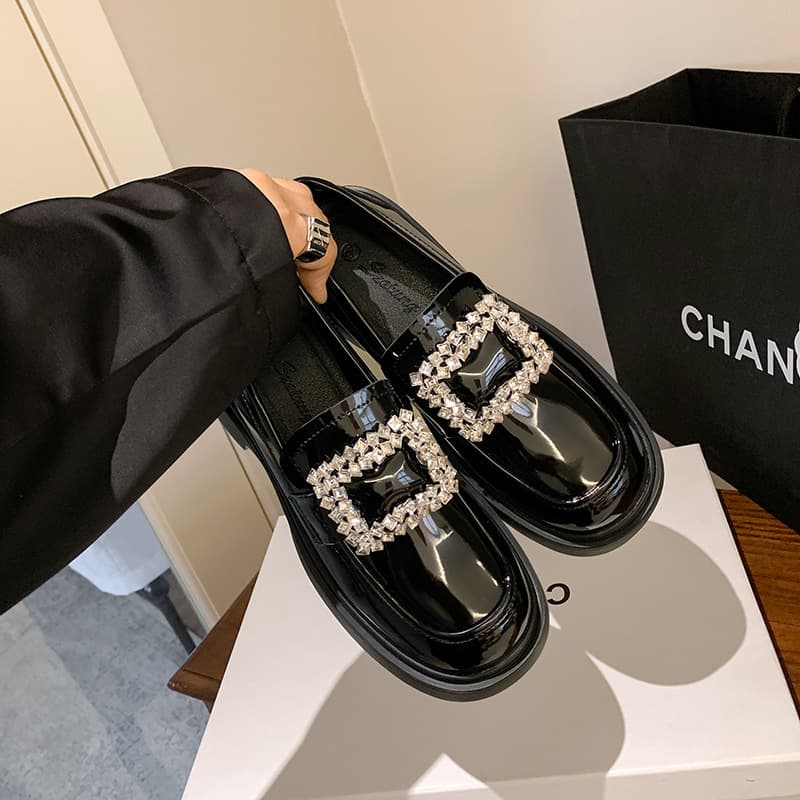 Women's Leather Rhinestone Buckle Square Buckle Platform Loafers, Winter Style, Fleece Lined, 5cm Chunky Heel, Single Shoes