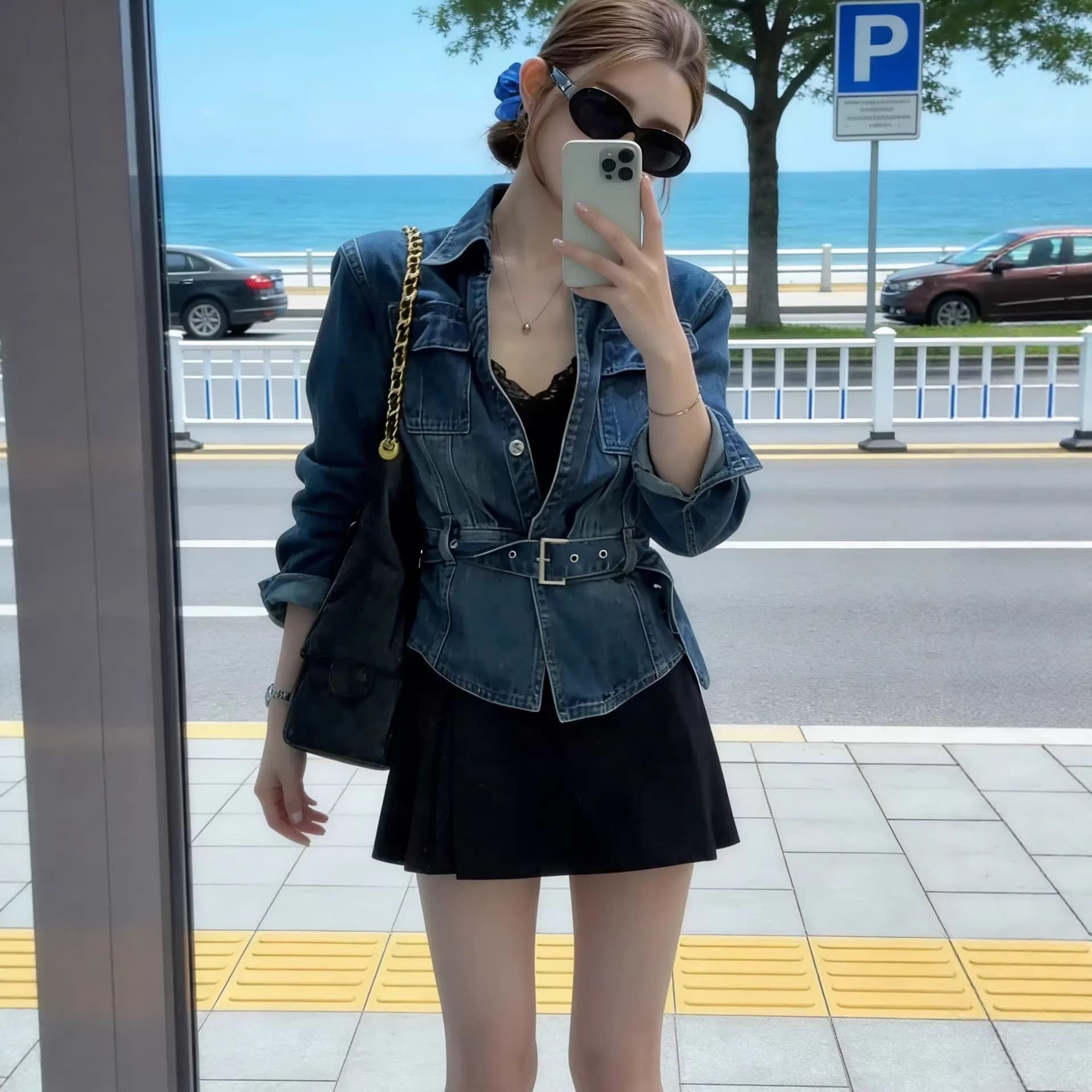 Hong Kong style retro fashionable cool lapel denim jacket for women spring niche belted waist slimming jacket denim top