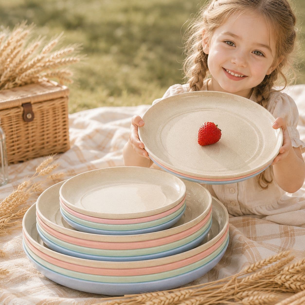 Wheat Straw Dinner Plate Round Salad Plate Tableware Plastic Plate Candy Plate Picnic Plate Hotel Drop-Resistant Serving Plate