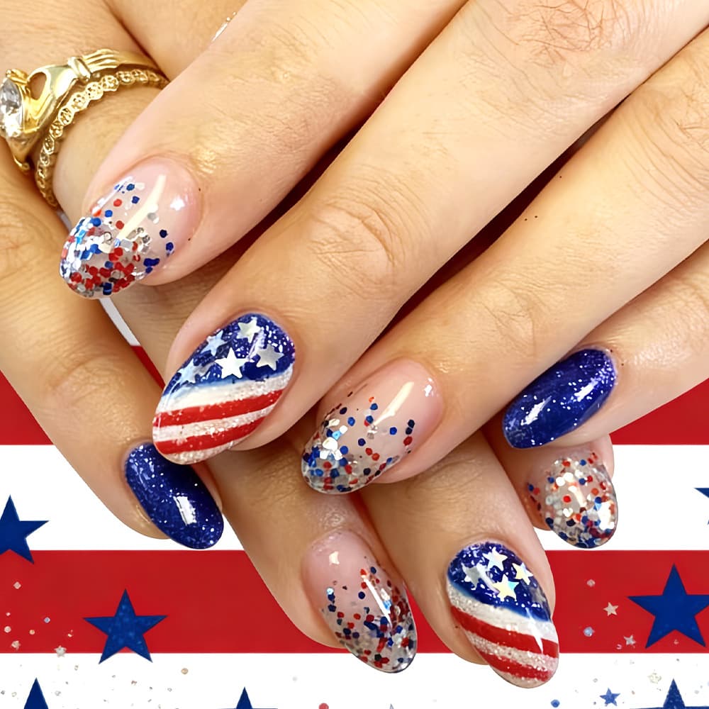 Independence Day Press-On Nails USA Red White Stripes Star Glitter Rhinestone Nail Art 24Pcs Fake Nails Set Wholesale