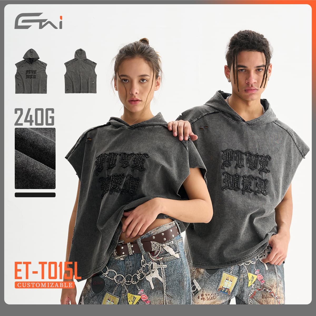 ETAI Men's Clothing | High-Quality American Retro Hooded Sleeveless T-Shirt for Men, Streetwear Boxy Fit Patchwork Distressed T-Shirt