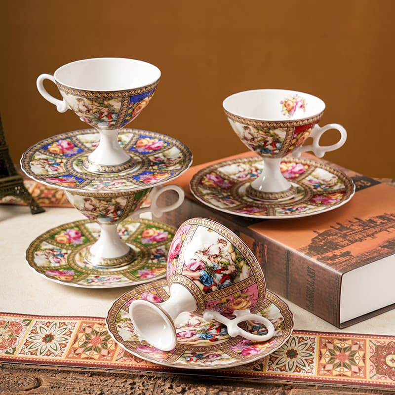 European Vintage Coffee Cup Set with Saucers, Ceramic English Gold Rim Afternoon Tea Cups and Saucers, Vintage Western Ceramic Cup Set