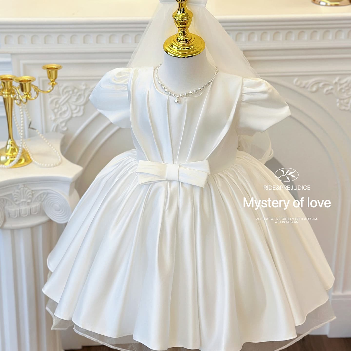 Girls White Satin Princess Dress Children Flower Girl Gown Toddler Birthday Party Puff Sleeve Tutu Dress