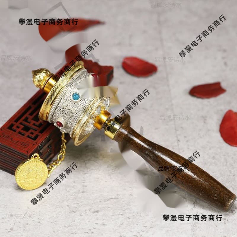 Hand-cranked prayer wheel base, Tibetan Buddhist temple inscription, mantra, copper prayer wheel handle, hand socket, Buddhist implement base