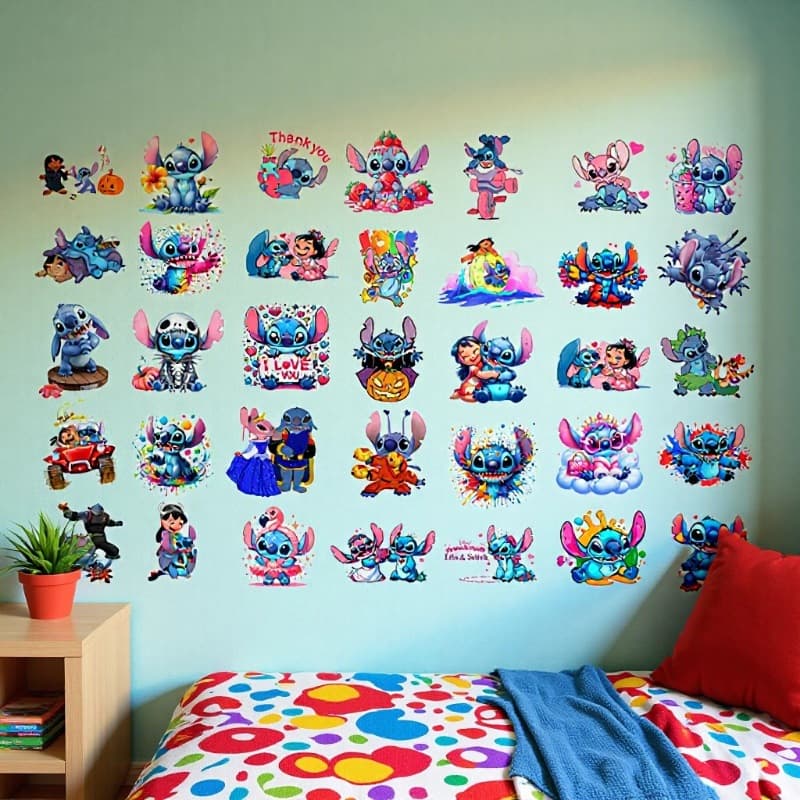 Stitch Sticker Self-Adhesive PVC Wall Decal Cartoon Anime Stitch Decorative Poster for Kids Room