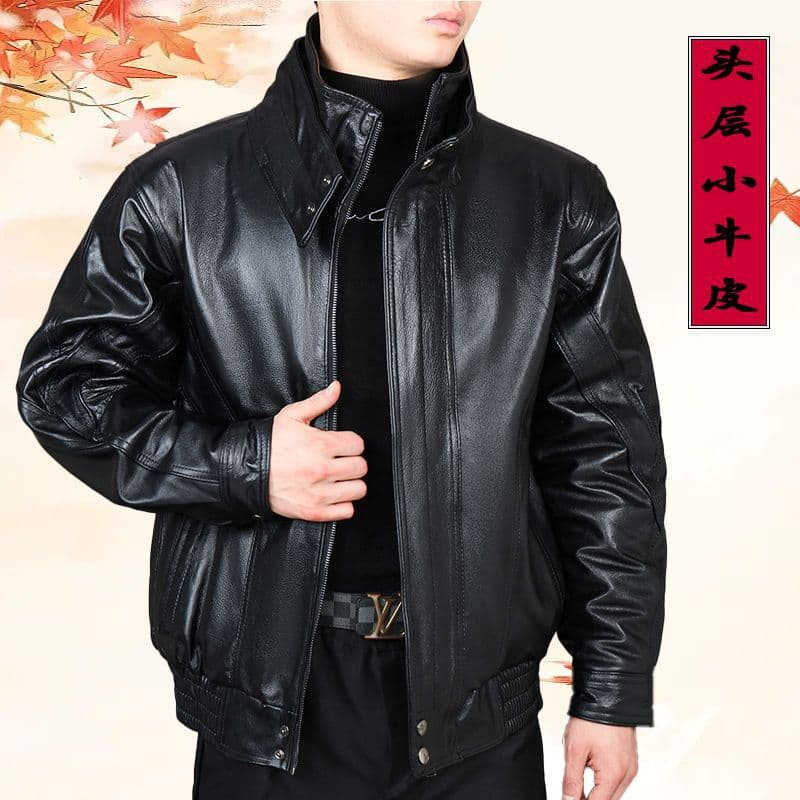 Men's genuine leather jacket, cowhide stand-up collar motorcycle leather jacket, men's high-neck genuine leather coat, loose fit, plus size.