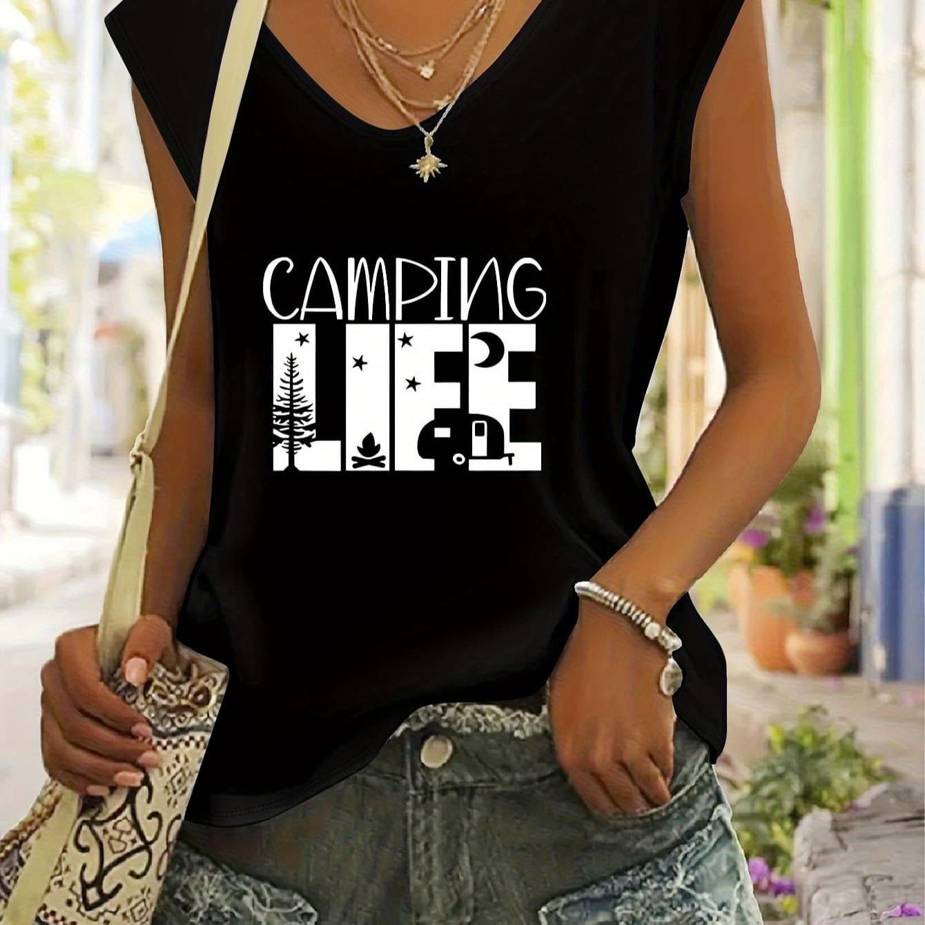 2025 Summer European and American Women's Fashion 3D Digital Letter Print Loose V-Neck Tank Top T-Shirt Base Shirt