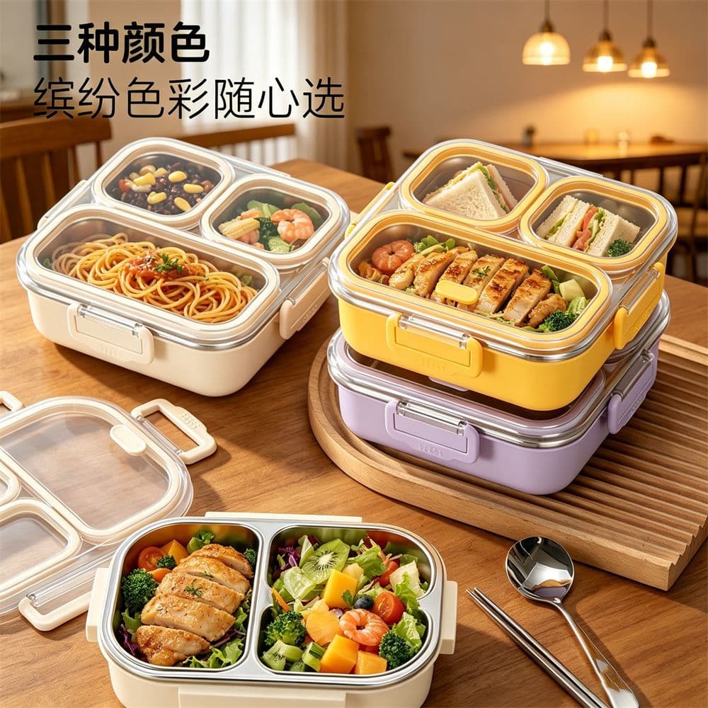 304 stainless steel partitioned anti-odor lunch box square student office worker fresh-keeping lunch box sealed lunch box with lid