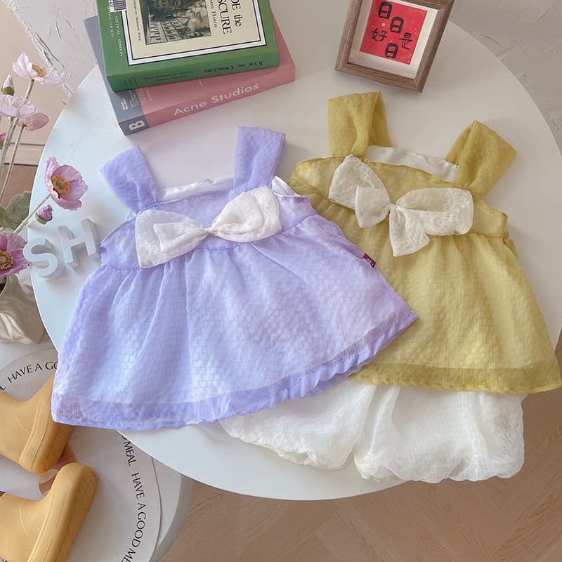 Free Shipping 2026 Girls Summer Suspender Big Bow Gauze Skirt Set Korean Style Casual Cute Summer Dress Two-piece Trendy Set