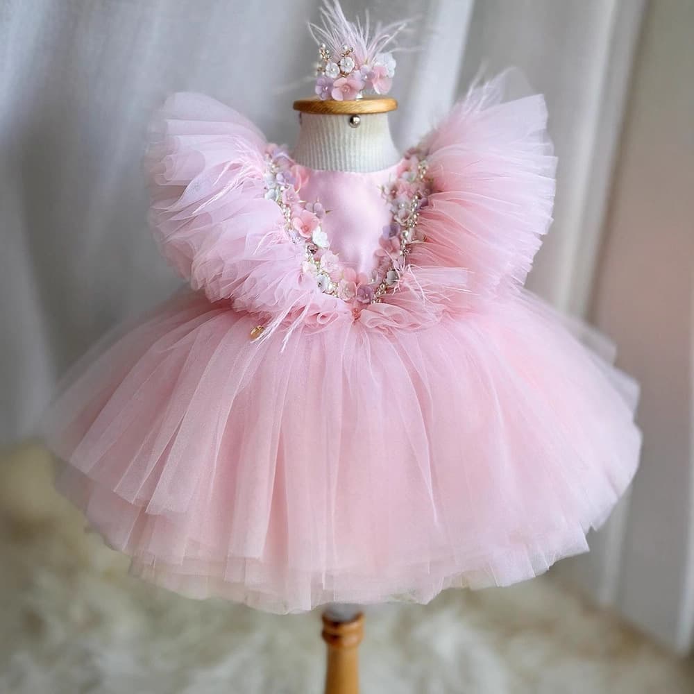 Cross-border children's dress, one-year-old beaded flower princess dress, girl's gauze dress, sweet pink tutu dress, live delivery