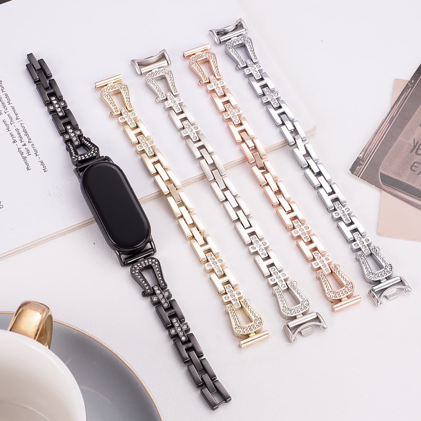 Compatible with Xiaomi Band 9/10 Metal Horseshoe Buckle Rhinestone Bracelet Strap for Xiaomi 8/9 Pro Redmi 5/6 Band
