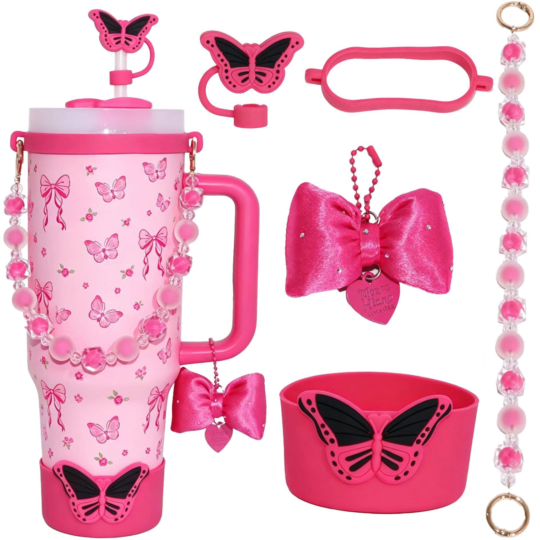 Butterfly Ice Master Cup Accessory Set Fabric Bow Pearl Handle Chain Silicone Cup Sleeve Water Bottle DIY Decoration