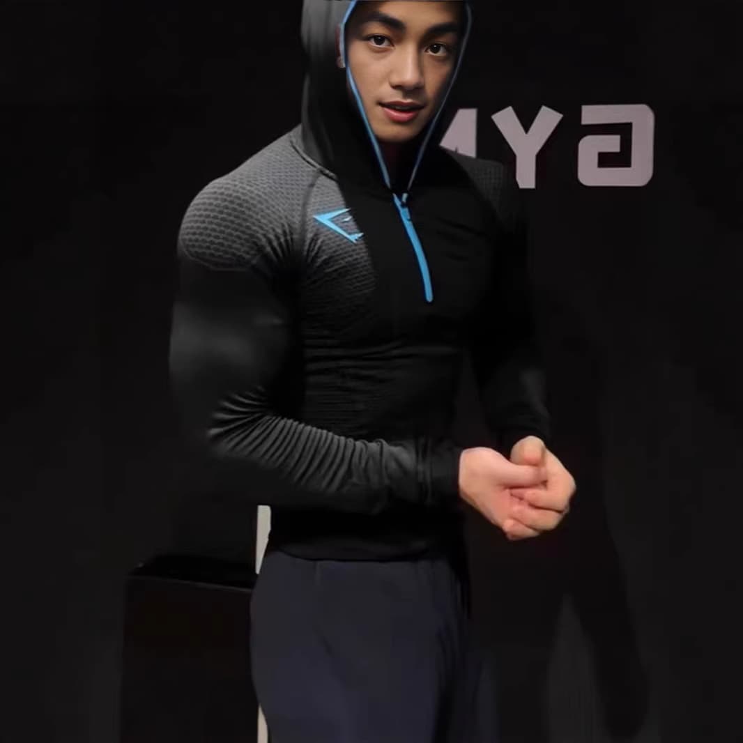 GYMSHARK Classic Onyx 5.0 Superhero Quick-Dry Fitness Top for Men, Fall/Winter Hooded Zip Long Sleeve